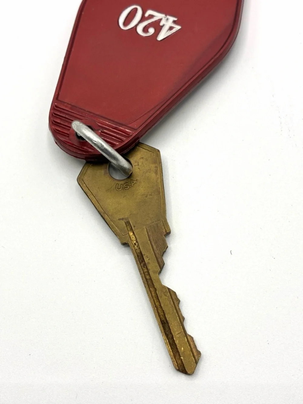 Vintage Motel Key Tag 420 Red Keychain Curtis WR-4 USA Rare Number Retro Fob